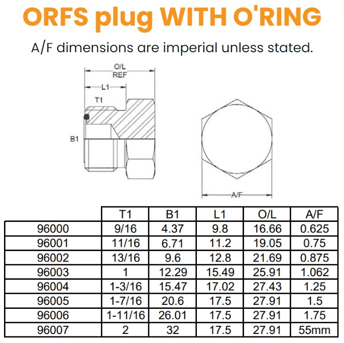 9/16 Orfs Plug + ORing Hydraulic Adaptor